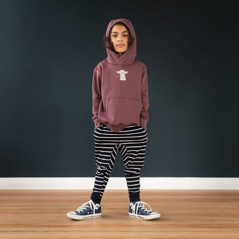 Girl wearing merino slouch pants navy Breton stripes