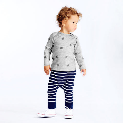 Child wearing merino baby long sleeve top grey marl batboy print