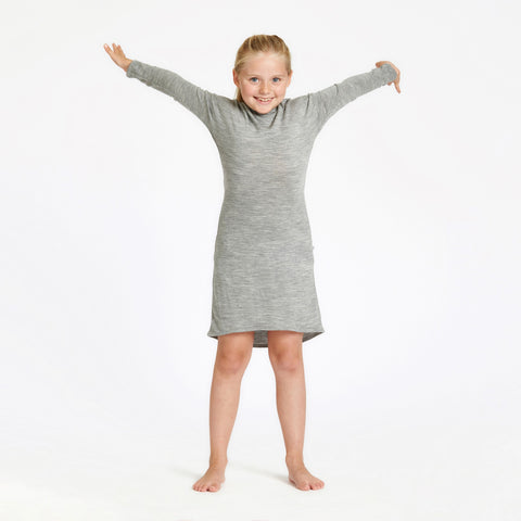 Girl wearing Merino slouch dress grey marl