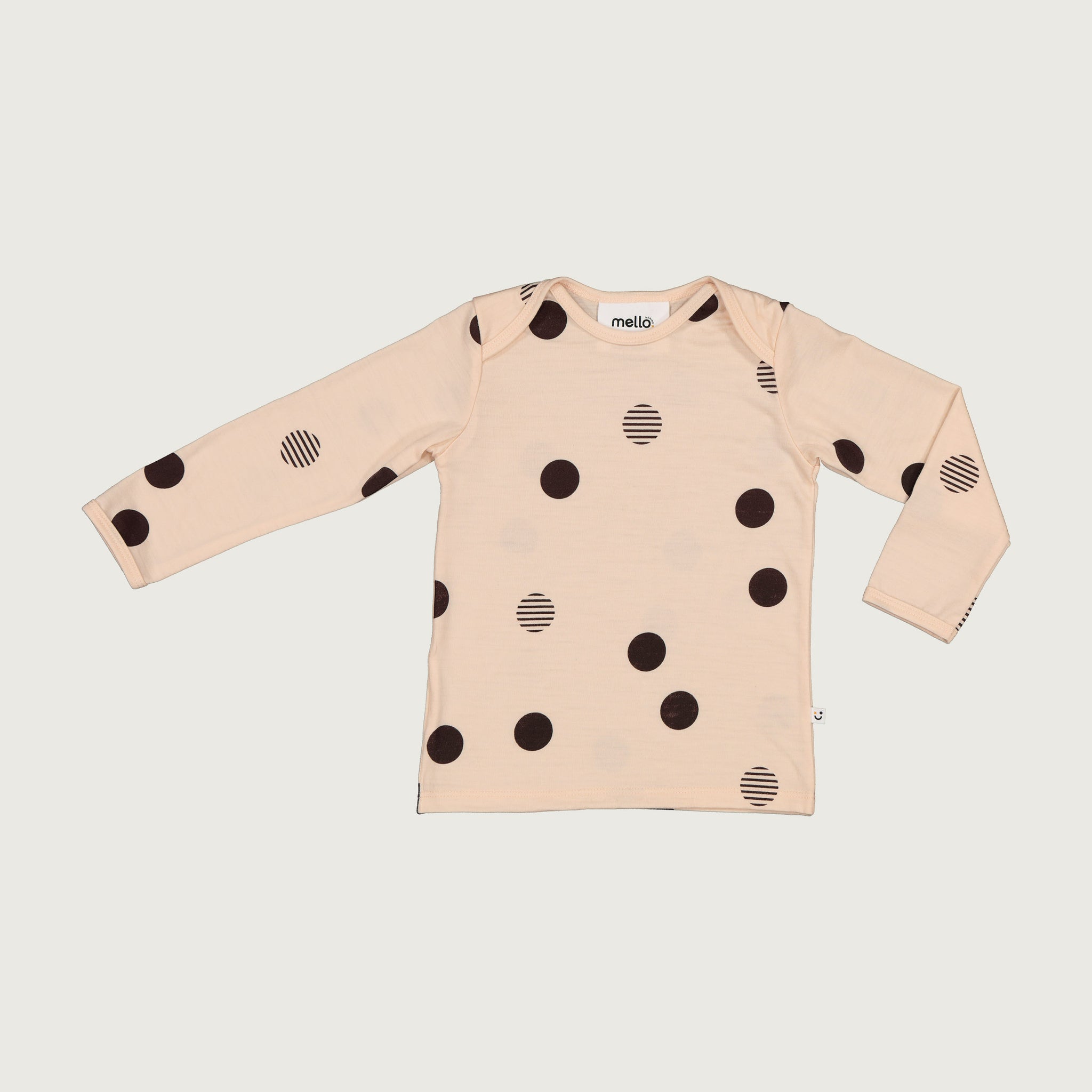 Merino baby long sleeve top dusky peach with orbit print