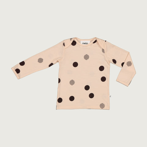 Merino baby long sleeve top dusky peach with orbit print