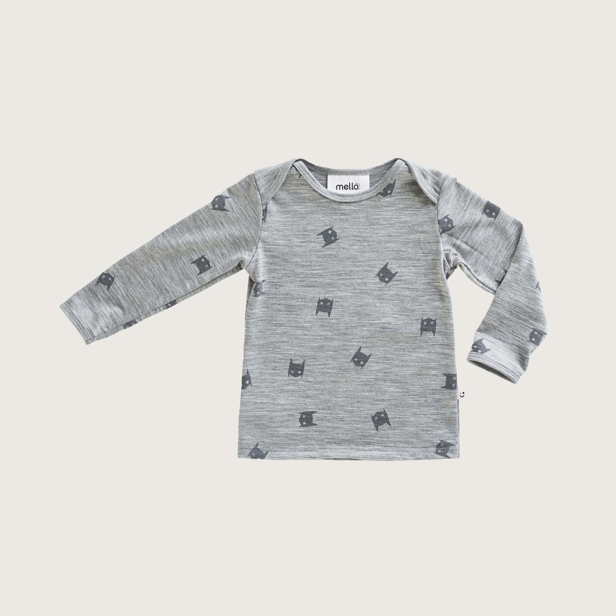 Merino baby long sleeve top grey marl batboy print