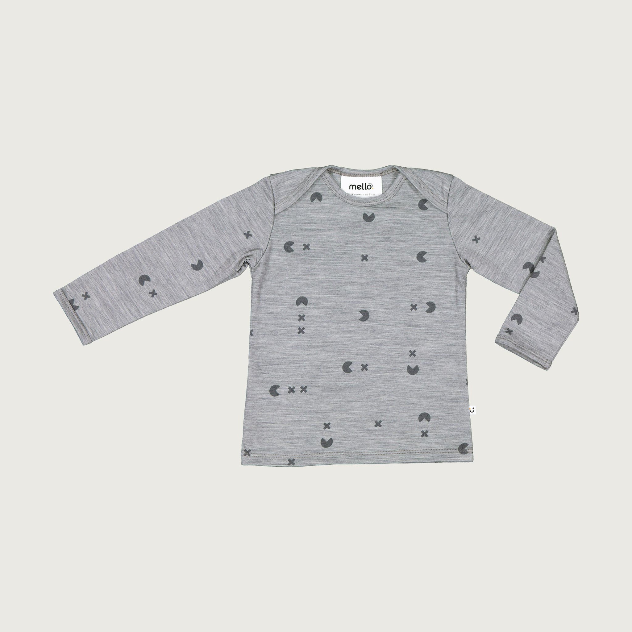 Merino baby long sleeve top grey marl catch em print