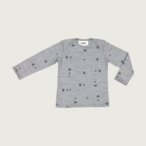 Merino baby long sleeve top grey marl catch em print