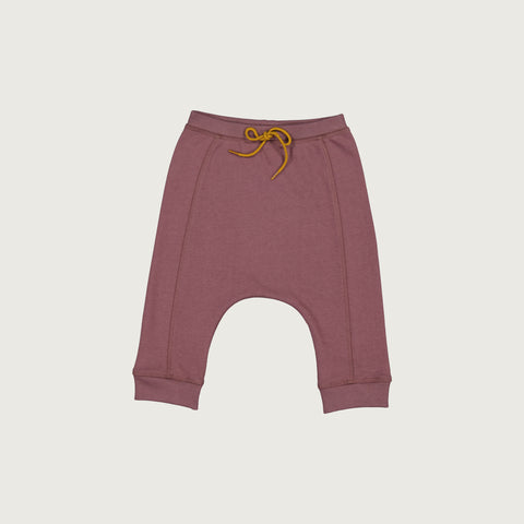 Organic cotton merino baby slouch trackie plum front seam