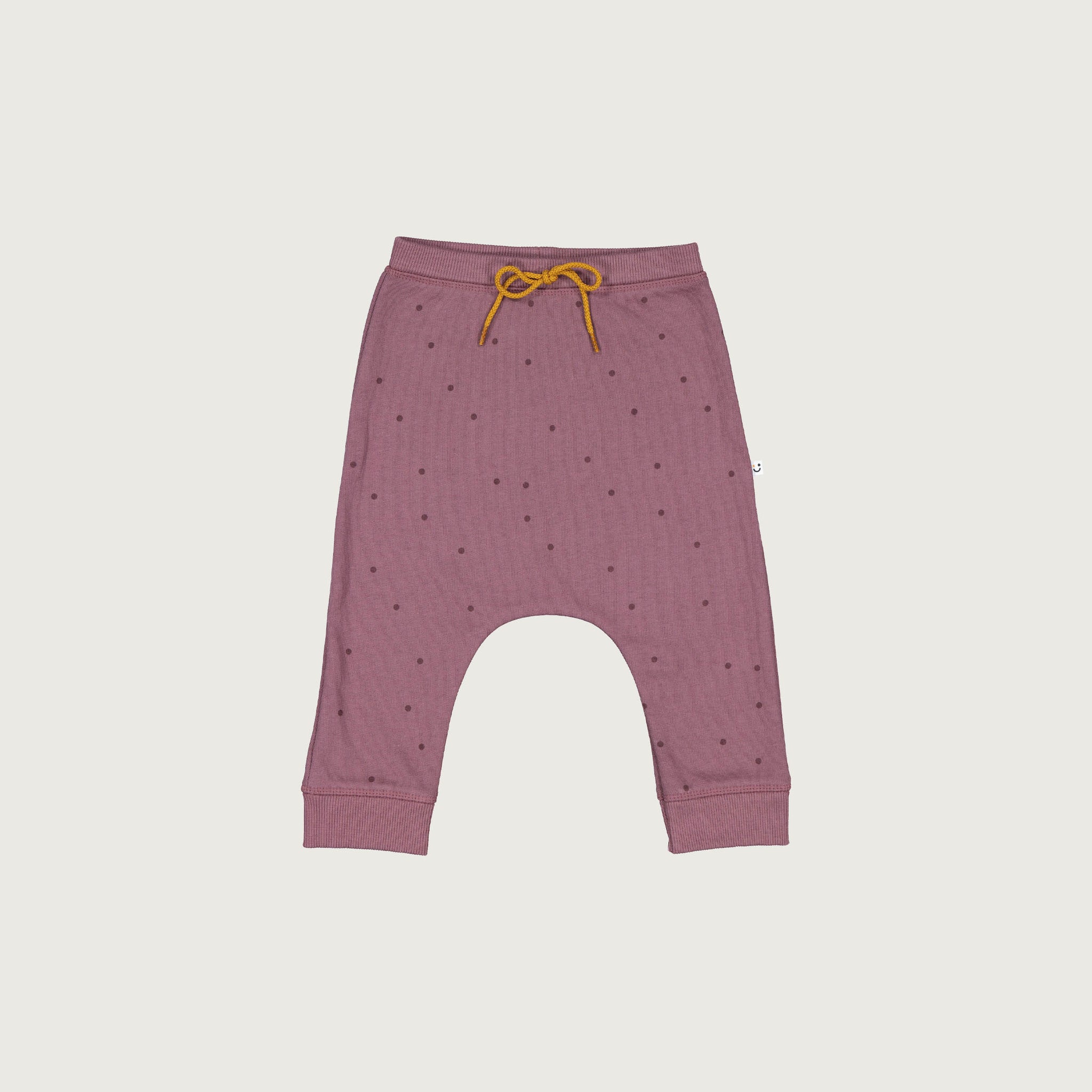Organic cotton merino baby slouch trackie plum with print