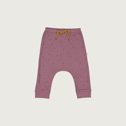 Organic cotton merino baby slouch trackie plum with print