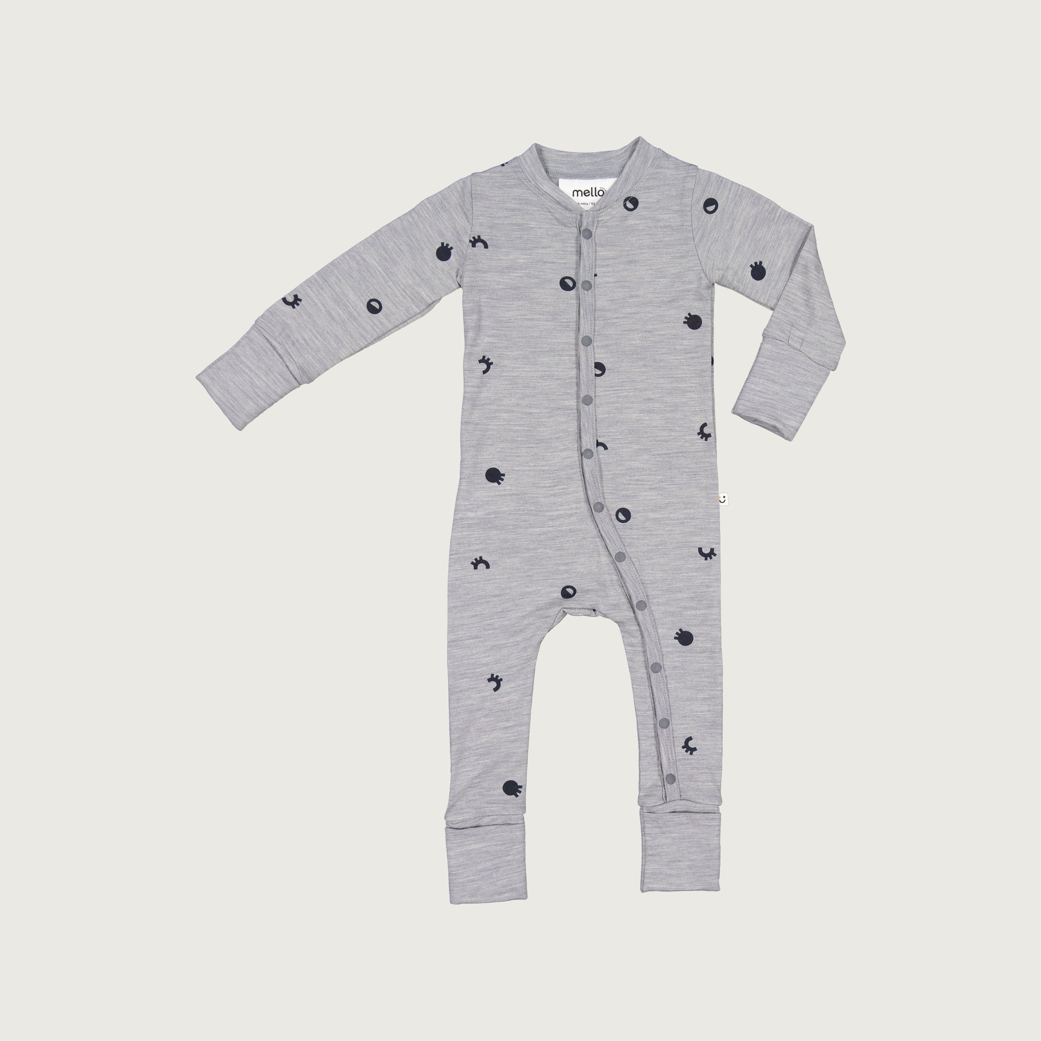 Merino baby sleepsuit grey marl with print