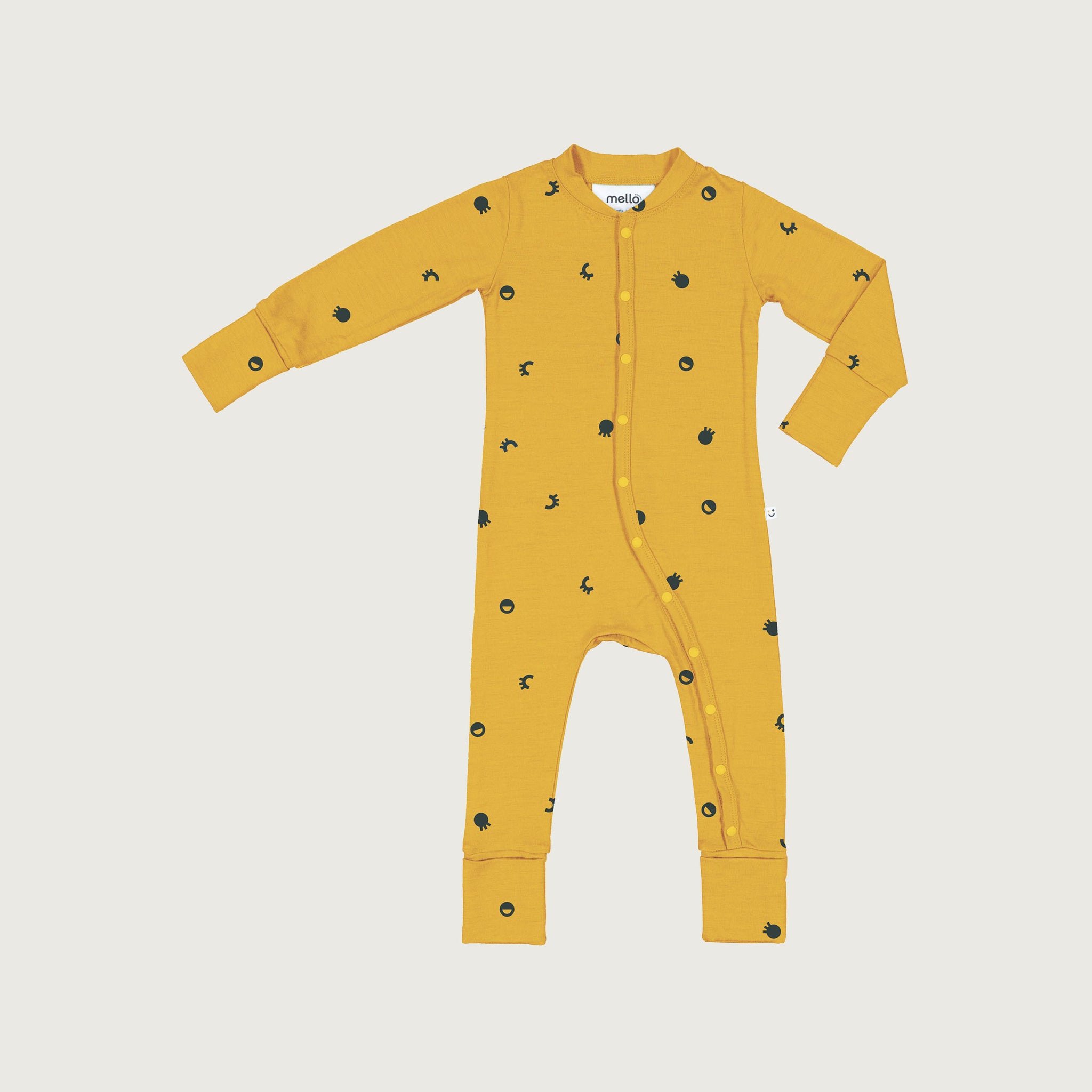 Merino baby sleepsuit canary yellow with print