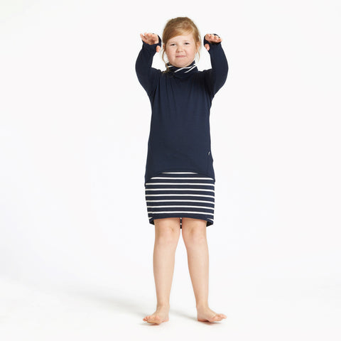 Child wearing merino slouch skirt navy Breton stripes