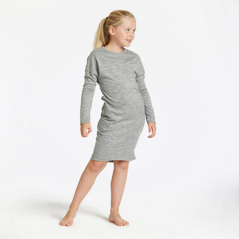 Child wearing merino slouch dress grey marl