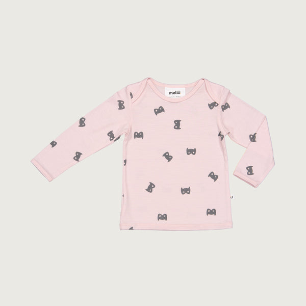 Merino baby long sleeve top powder pink with print