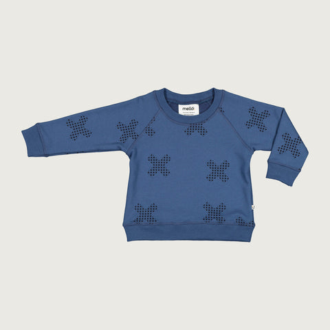 Cotton merino sweater denim blue with print
