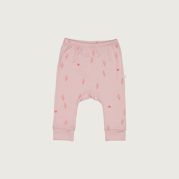 Merino baby slouch pants blush pink with print