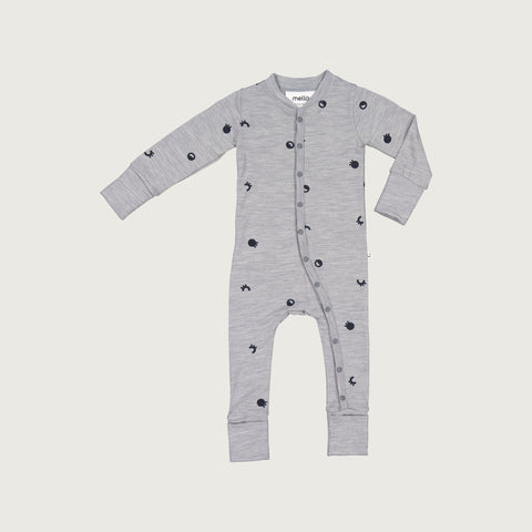 Merino baby sleepsuit grey marl with print