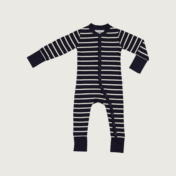Merino baby sleepsuit navy Breton stripes